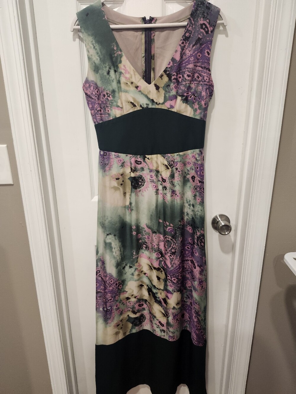 Custom Made Sleeveless V-Neck Floral Print Maxi Dress in Purple and Green-Silk